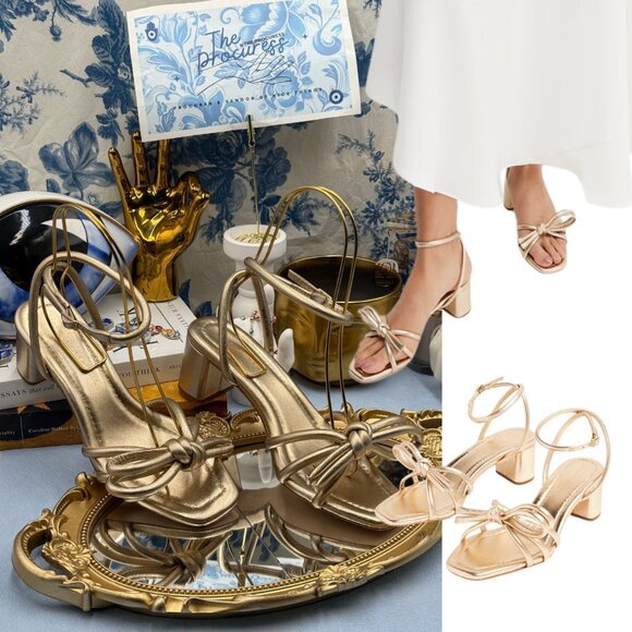 🆕 LOEFFLER RANDALL 🧿 NWOB Mikel Leather Bow Heel Sandal, Gold Leather - Sz 6.5